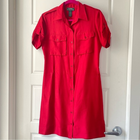 LAUREN RALPH LAUREN RED SILK SIZE 4 BUTTON UP DRESS SILK WOMEN - Picture 1 of 15